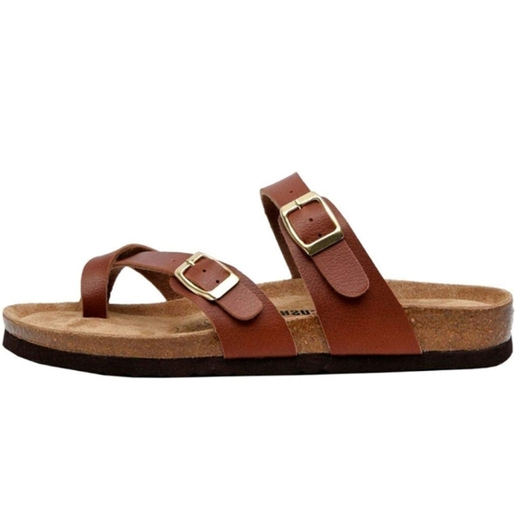 Cognac Round Toe Women's Footbed Sandals - Picture 4 of 8